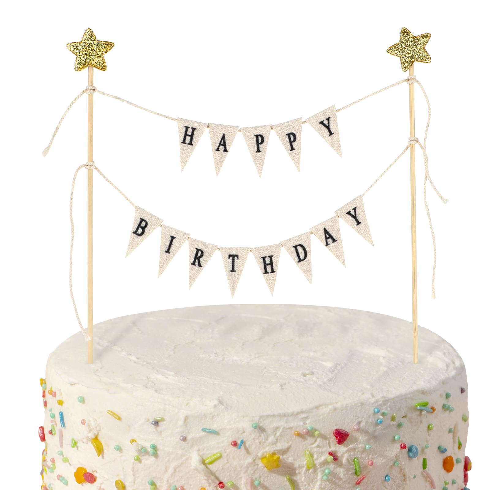 Happy Birthday Cake Banner Personalized Toppers, Handmade Linen Pennant Flags With 7.9 in Bamboo Polls, Party Decoration Supplies for Cakes Cupcakes