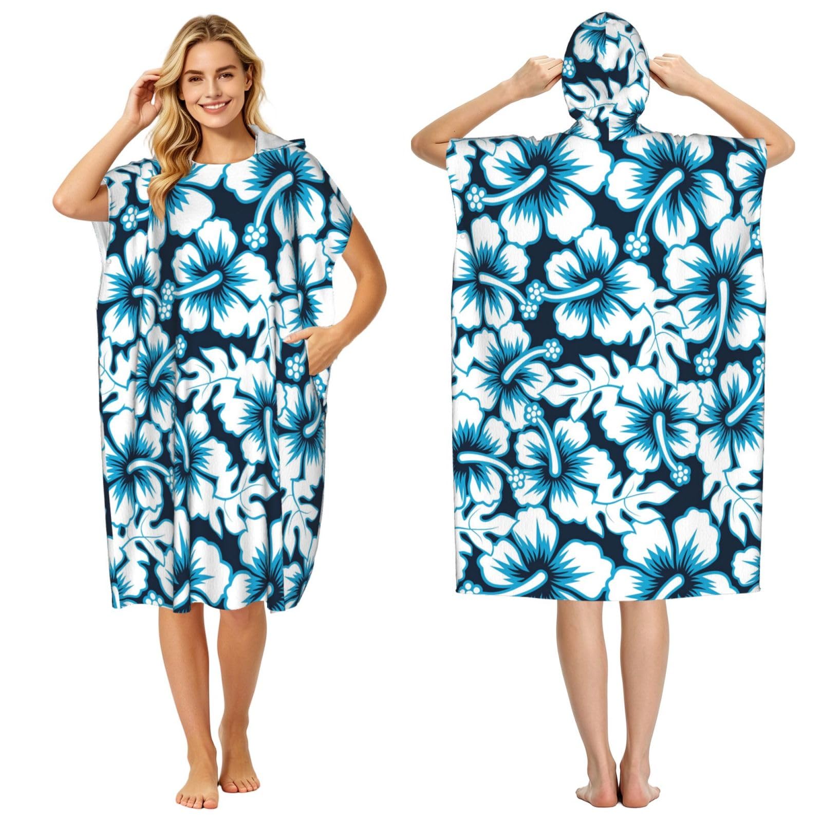 Poadnly Floral Hibiscus, Adult Hooded Beach Towel 90 x 110 cm,Changing Bath Robe, Surf Poncho Towel For Women Men