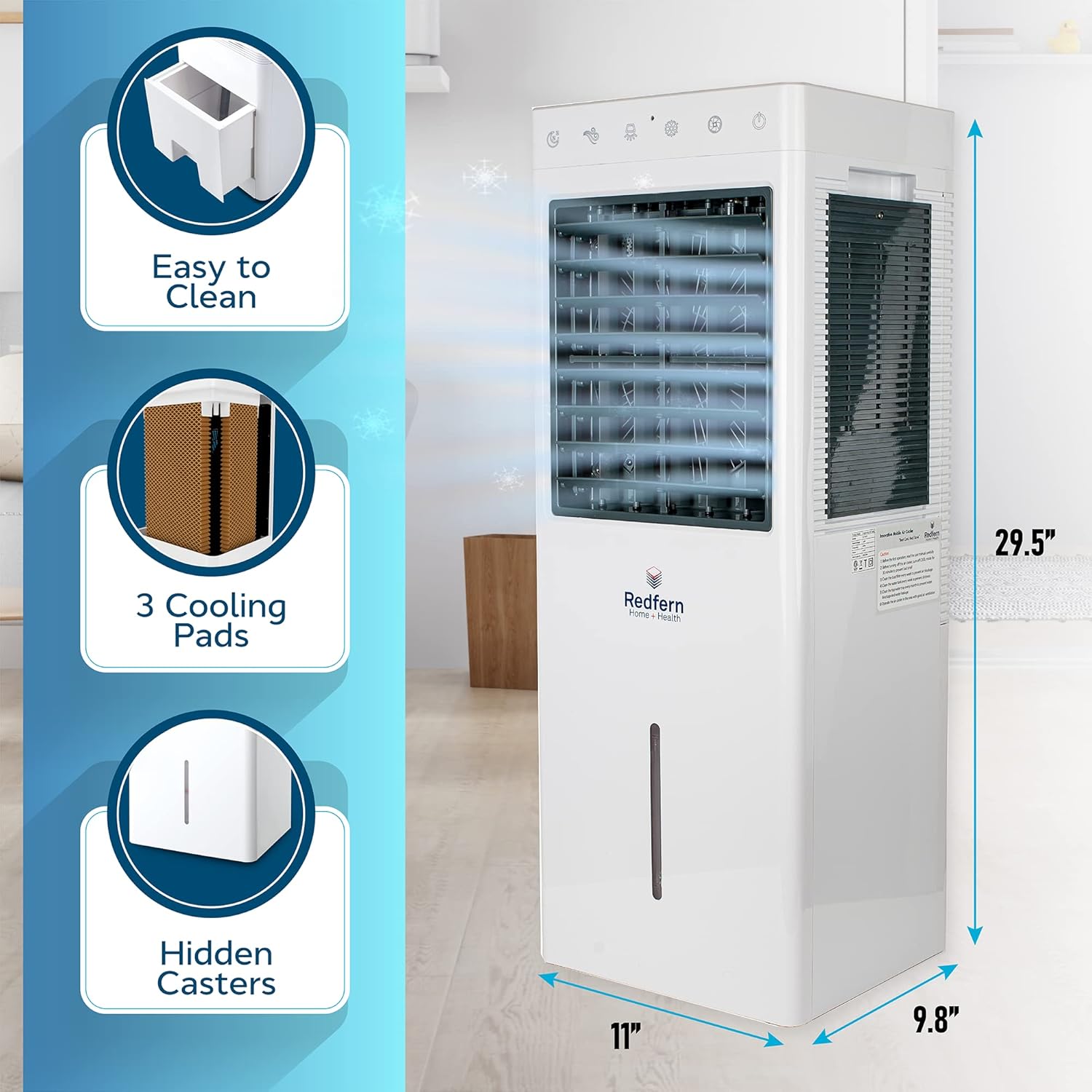 Side view of the Redfern Pure Breeze 10ex portable air cooler with dimensions (29.5 inches height, 11 inches width, 9.8 inches depth) and callouts for easy cleaning, 3 cooling pads, and hidden casters.