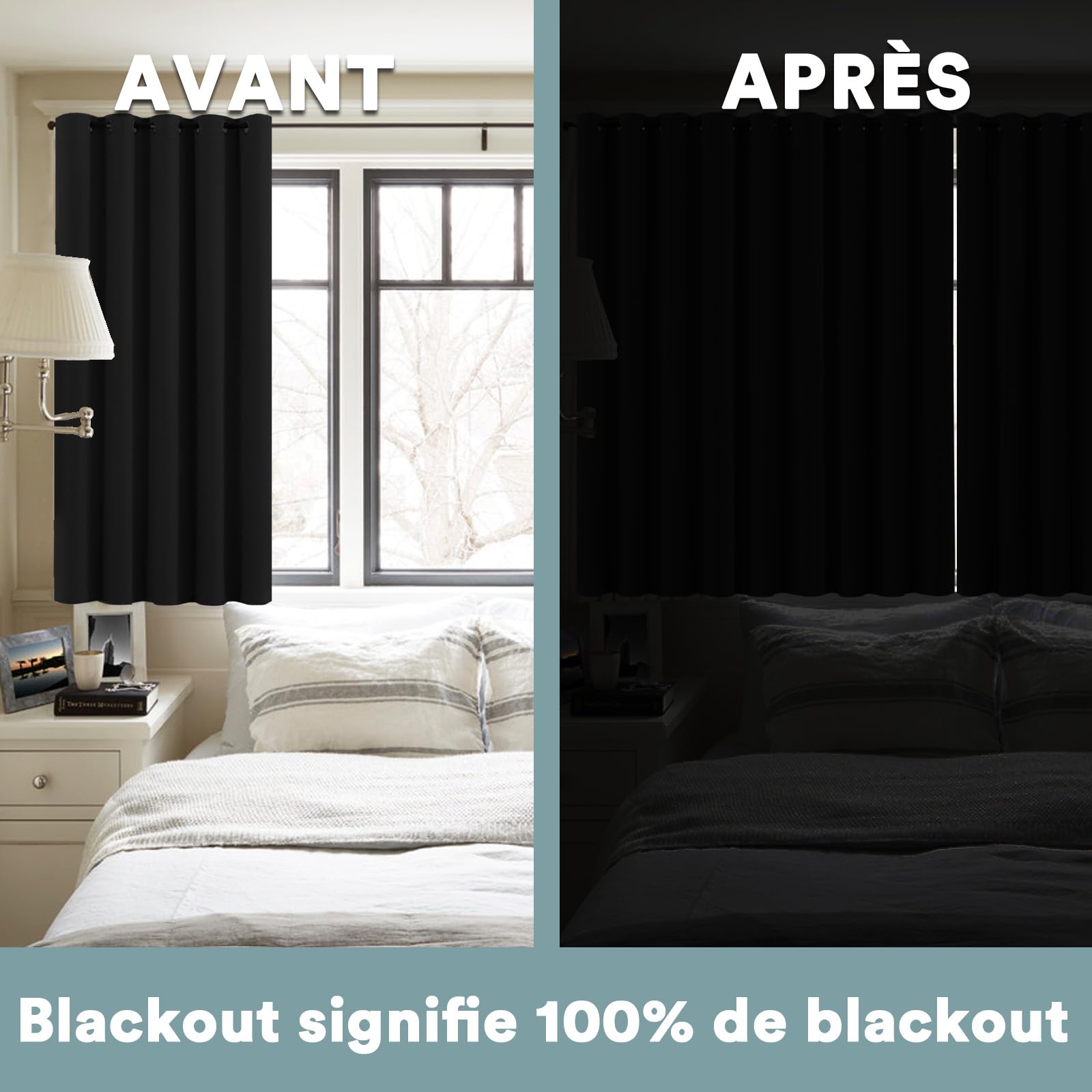 BellaHills 100% Rideau Occultant,2 Panneaux Rideaux Occultant Thermique Isolant,Tenture Opaque à Oeillets Isolation Lumiere,pour Salon et Chambre,140x145CM,Noir