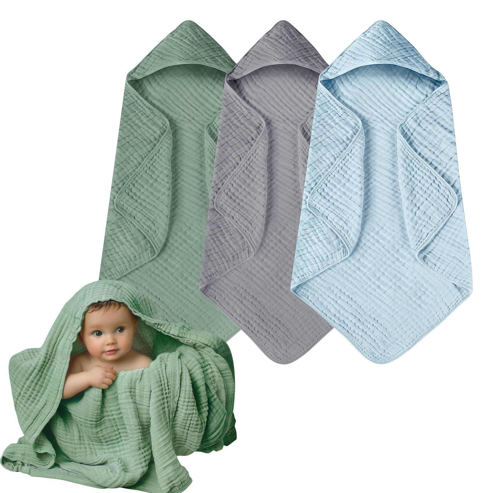 Momsnug Hooded Baby Towels, 3 Pack Muslin Cotton Baby Towel Set, Super Soft and Absorbent Bath Towel for Babies, Infant, Toddler and Kids, Newborn