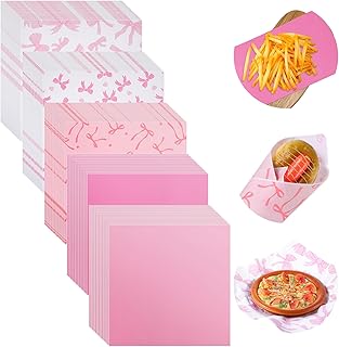 Havawish 400 Sheets Dry Waxed Deli Paper Sheets, 12x12 Inch Colorful Deli Wrap Wax Paper Liners for Plastic Food Basket, Wrapping Bread and Sandwiches(Pink White,Bow)