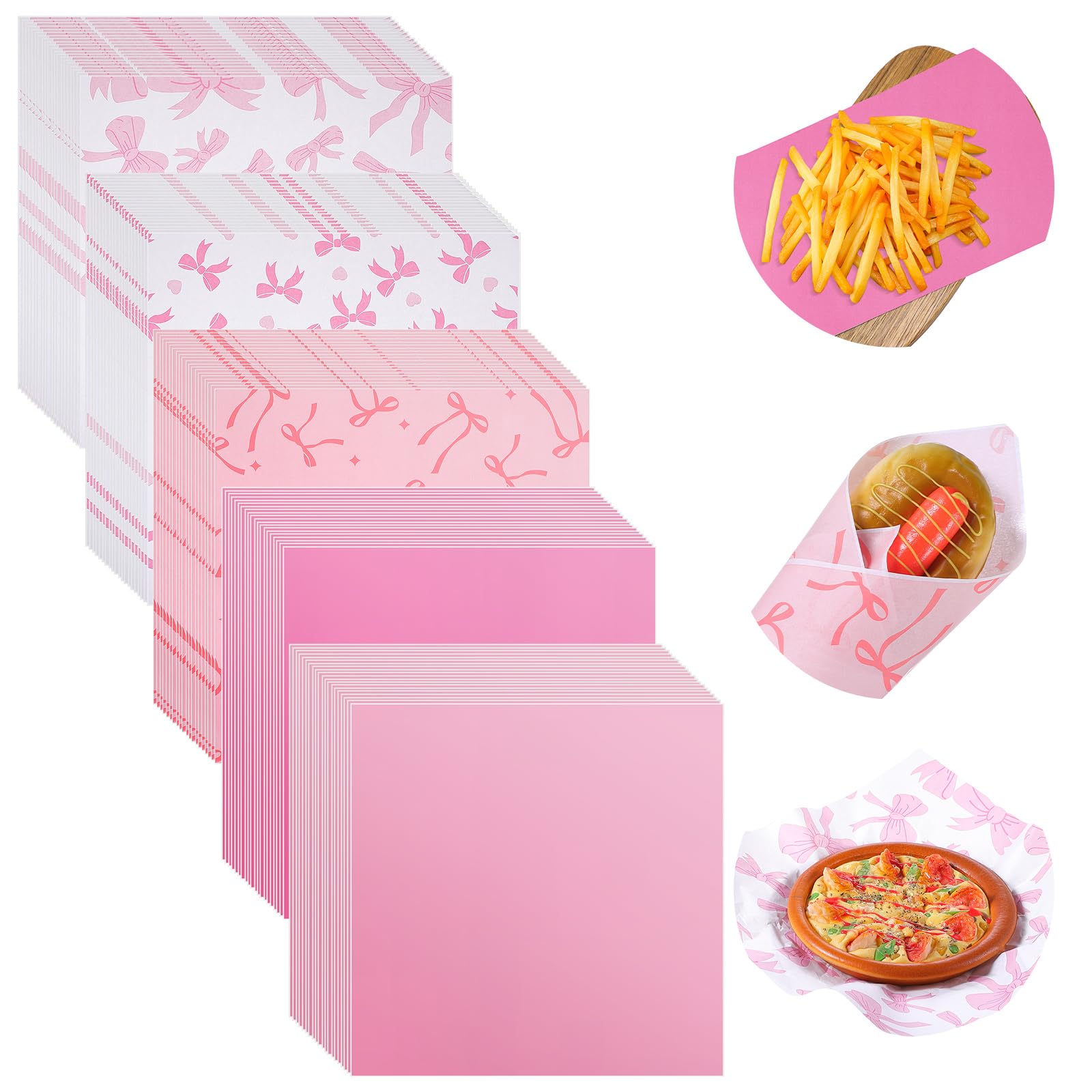 Havawish Trockene gewachste Deli-Papierbögen, 30,5 x 30,5 cm, bunt, Deli-Wrap, Wachspapiereinlagen für Kunststoff-Lebensmittelkorb, zum Verpacken von Brot und Sandwiches (Rosa, Weiß, Schleife)