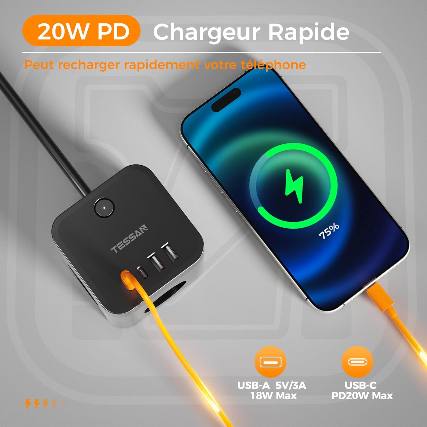 A smartphone and tablet charging via the TESSAN Multiprise Cube's USB-C and USB-A ports, highlighting 20W PD fast charging.