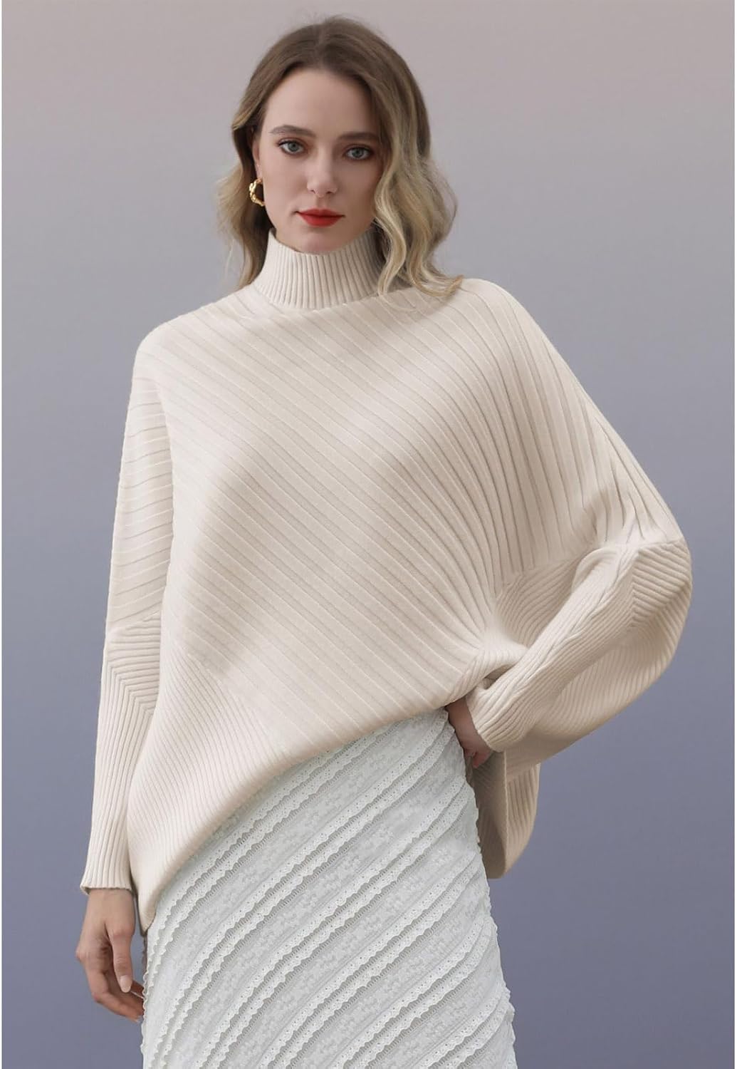 CHICWISH Women Contrast Ribbed Knit Sweater Mock Neck Batwing Sleeve Oversized Pullover Tops Casual Cape Poncho - Image 2