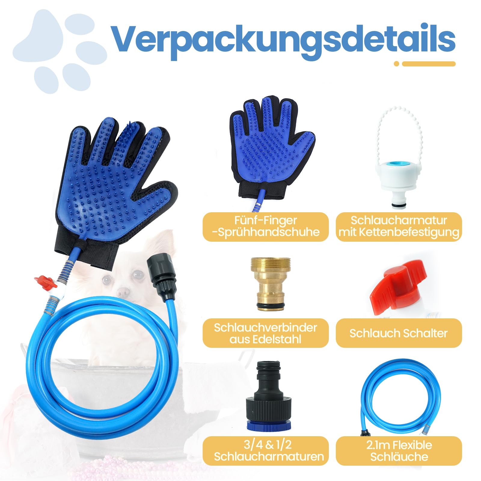 4 in 1 Hundebadbürste, Haustier Duschkopf, Hunde Badebürste mit 2.1 Meters PVC Schlauch und 3 Schlauchadapter, Hundebürsten für Schrubben, Massieren und Pflegen