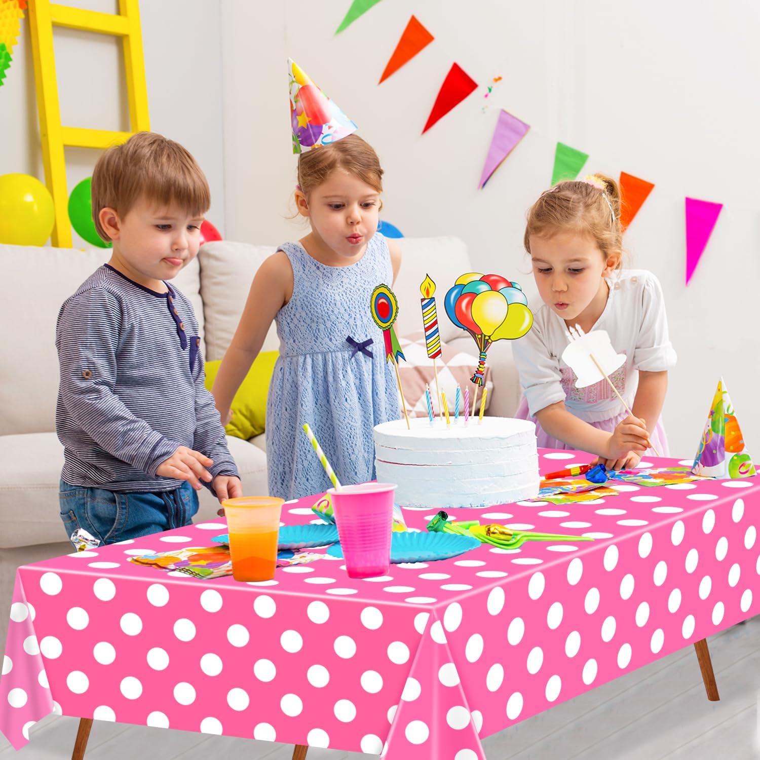 4 Pack Pink and White Polka Dots Rectangular Tablecloth Pink Table Cover with White Polka Dot Rectangular Plastic Table Cloth for Kitchen Dining Wedding Party 51 x 86 Inch