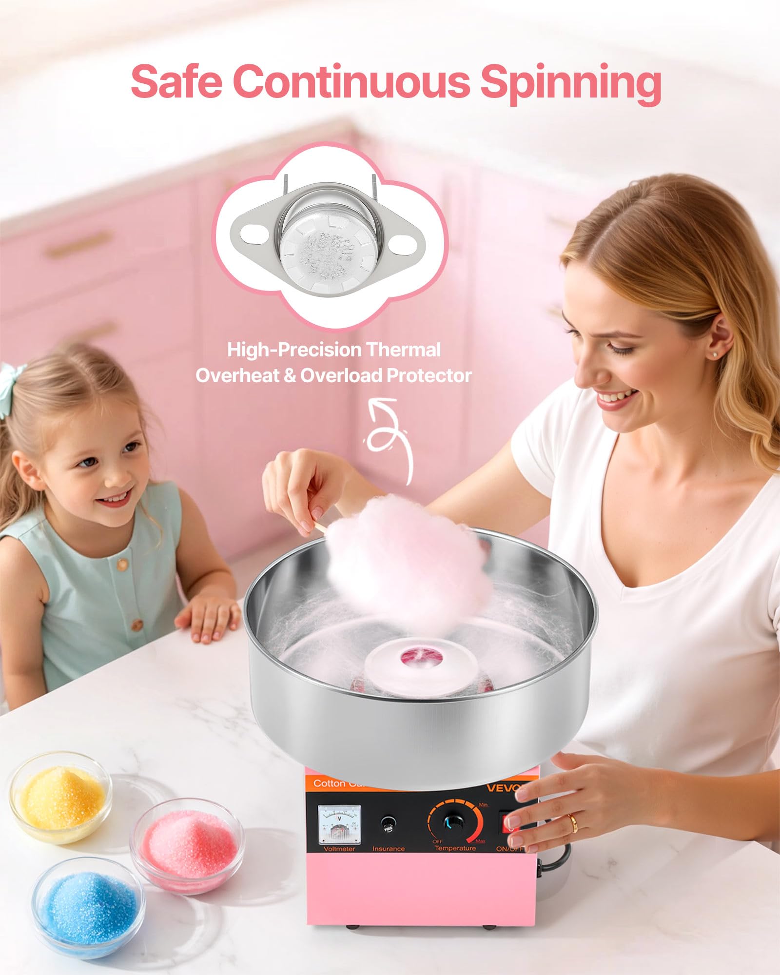 VEVOR Máquina de Algodón de Azúcar Eléctrica 1000 W Capacidad de 100 g de Azúcar 38 x 38 x 34 cm Fácil de Instalar y Desmontar Fácil de Usar con Azucarero y Cuchara para Hogar, Fiestas, Rosa