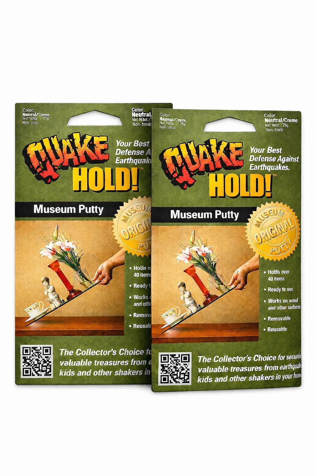 Photo 1 of QuakeHOLD! 88113 Museum Putty 2-Pack, Reusable Earthquake Putty for Securing Collectibles, Figurines, Vases, Antiques, Decor & Small Electronics on Smooth Surfaces, Removable Mounting Adhesive