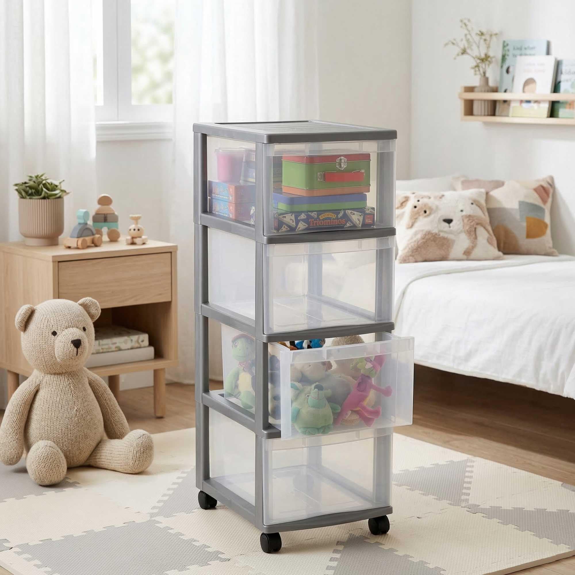 Rotho Sundis 4155002 Optimo Cassettiera 4 cassetti Polipropilene Argento 38 x 30 x 85,5 cm | Grigio, facile da spostare, ideale per l'archiviazione in ufficio, lezioni, documenti, materiale di consumo