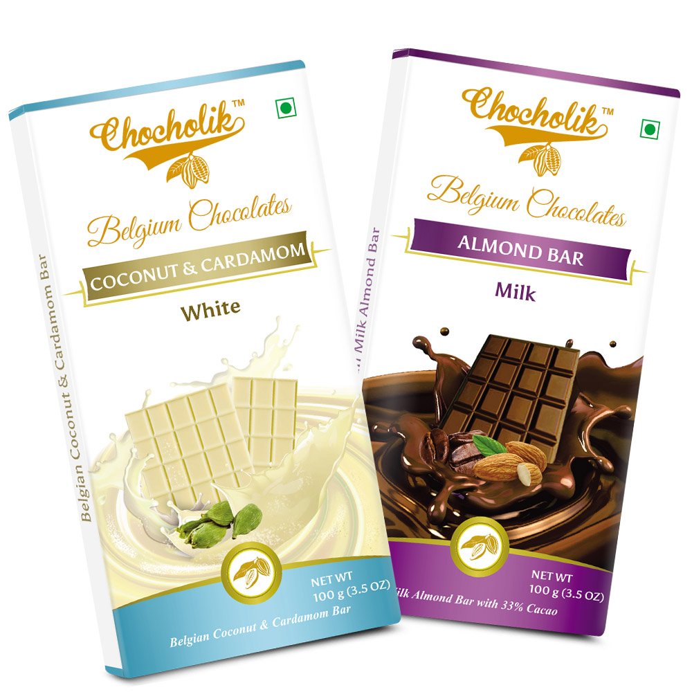 Chocholik Belgium Chocolate - Chocolates Milk Almond Bar and White Coconut and Cardamom Bar - Luxury Belgium Chocolate