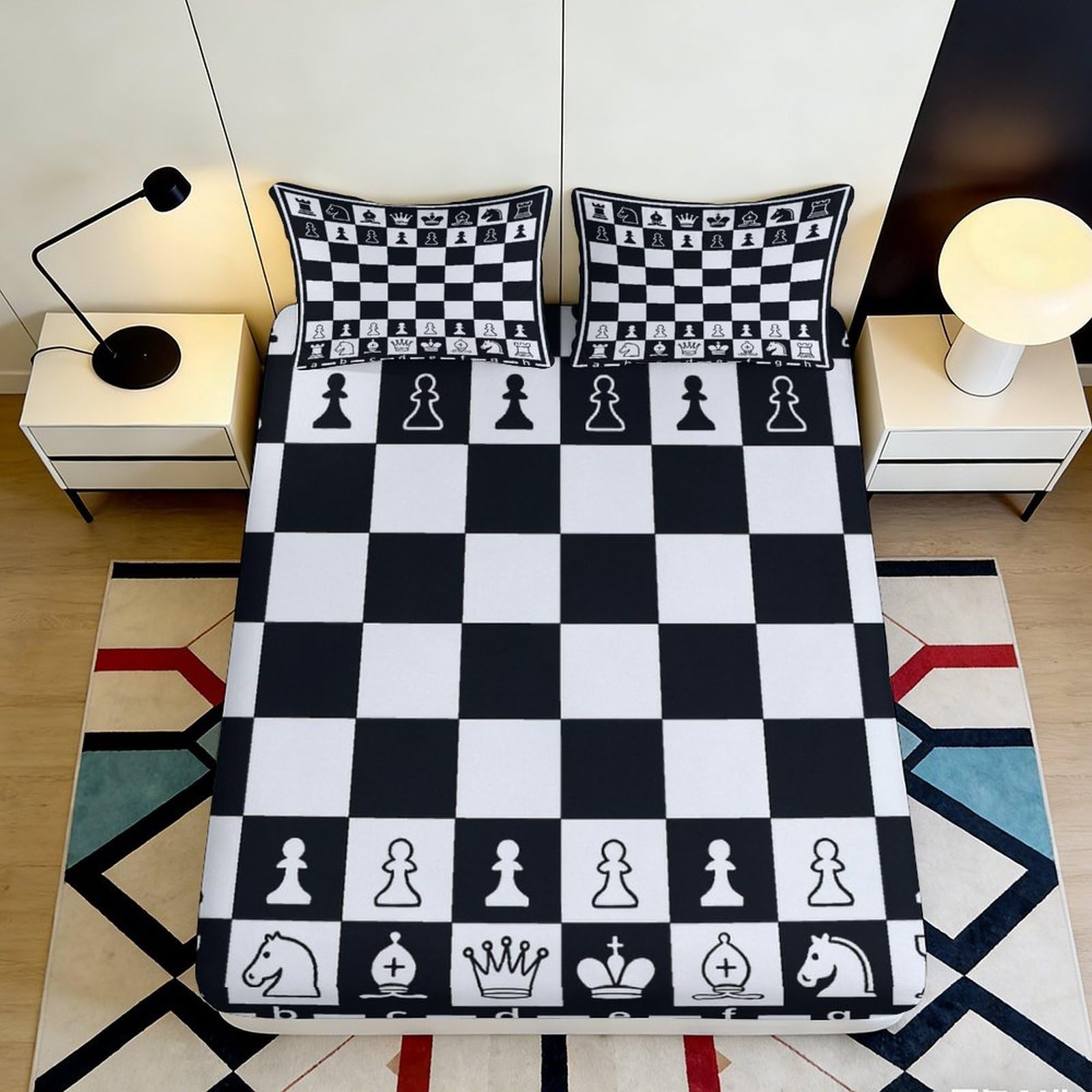 3D Printed Chessboard Fitted Sheet Microfiber Elastic Hem Non-Slip Chess Pattern Mattress Fitted Cover Deep Pocket Bedding 90x200x25cm