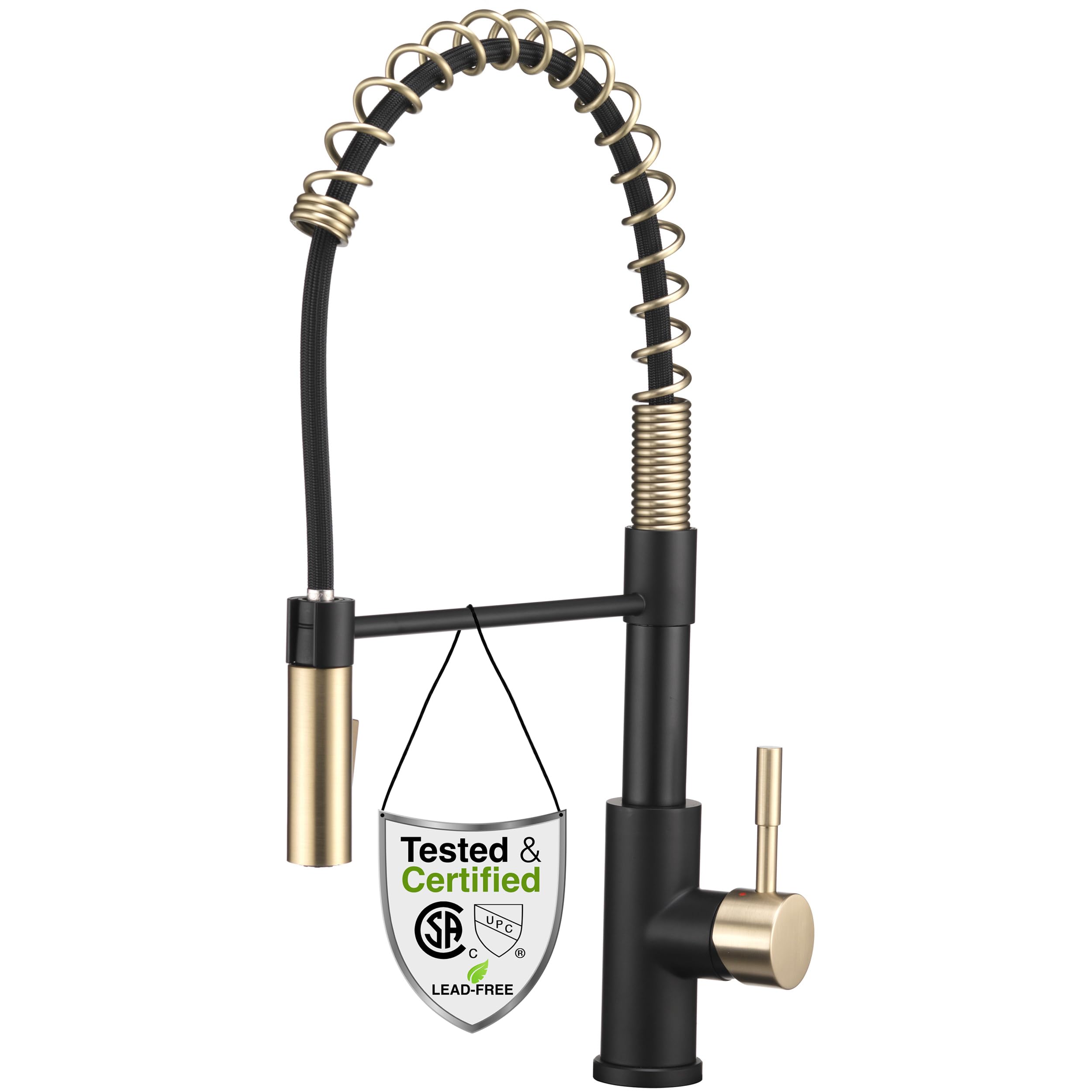 Dura Faucet DF-MK504SLK-MB RV Swivel High-Arc Spring Kitchen Sink Faucet - Single Handle - Kitchen Faucet with Pull-Down Sprayer - Optional Deck Plate (Matte Black/Matte Gold)