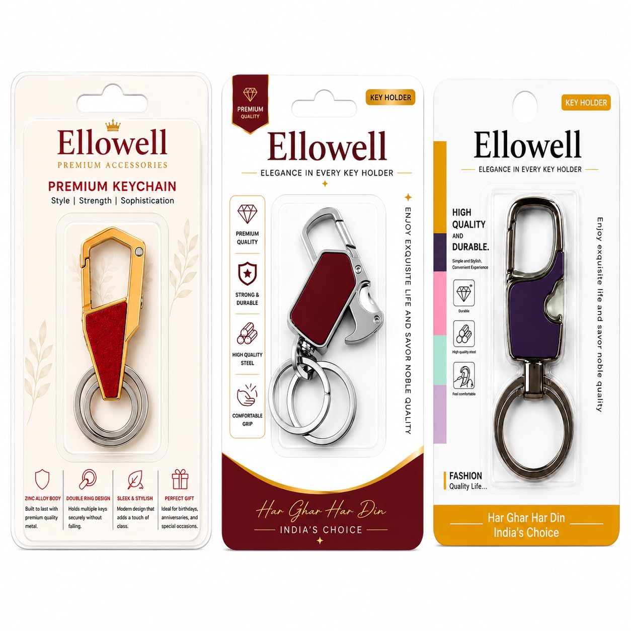 Premium Metal Keychain Combo Pack-3 for Men & Women | Heavy Duty Zinc Alloy Key Holder Set with Carabiner Clip,Bottle Opener & Double Key Rings | Car, Bike,House ,Office | Stylish Gift [Multicolour-3]-image-40