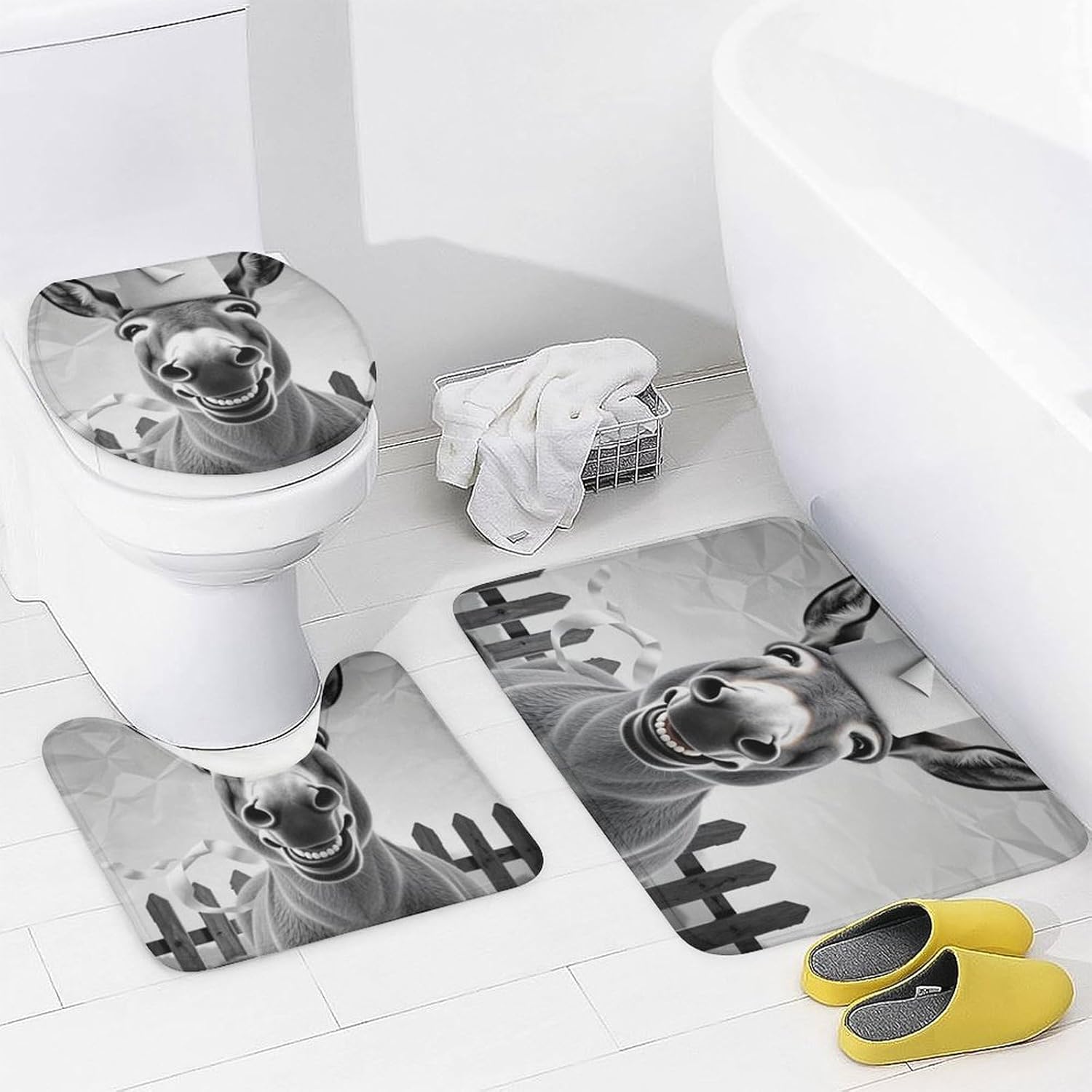 4PCS Funny Donkey Tissue Fence Ear Shower Curtain Set 72W X 72L, Funny Nose Gray Print Bathroom Decor, Toilet Lid Cover Non-Slip Rugs and U-Shaped Mat Set 12 Hooks