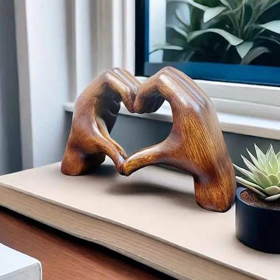 Love Heart Sculpture - Hand Gesture Aesthetic Figurine, Resin Boho Wedding Decorative Accents in Wooden Color