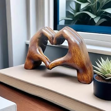 Love Heart Sculpture - Hand Gesture Aesthetic Figurine, Resin Boho Wedding Decorative Accents in Wooden Color