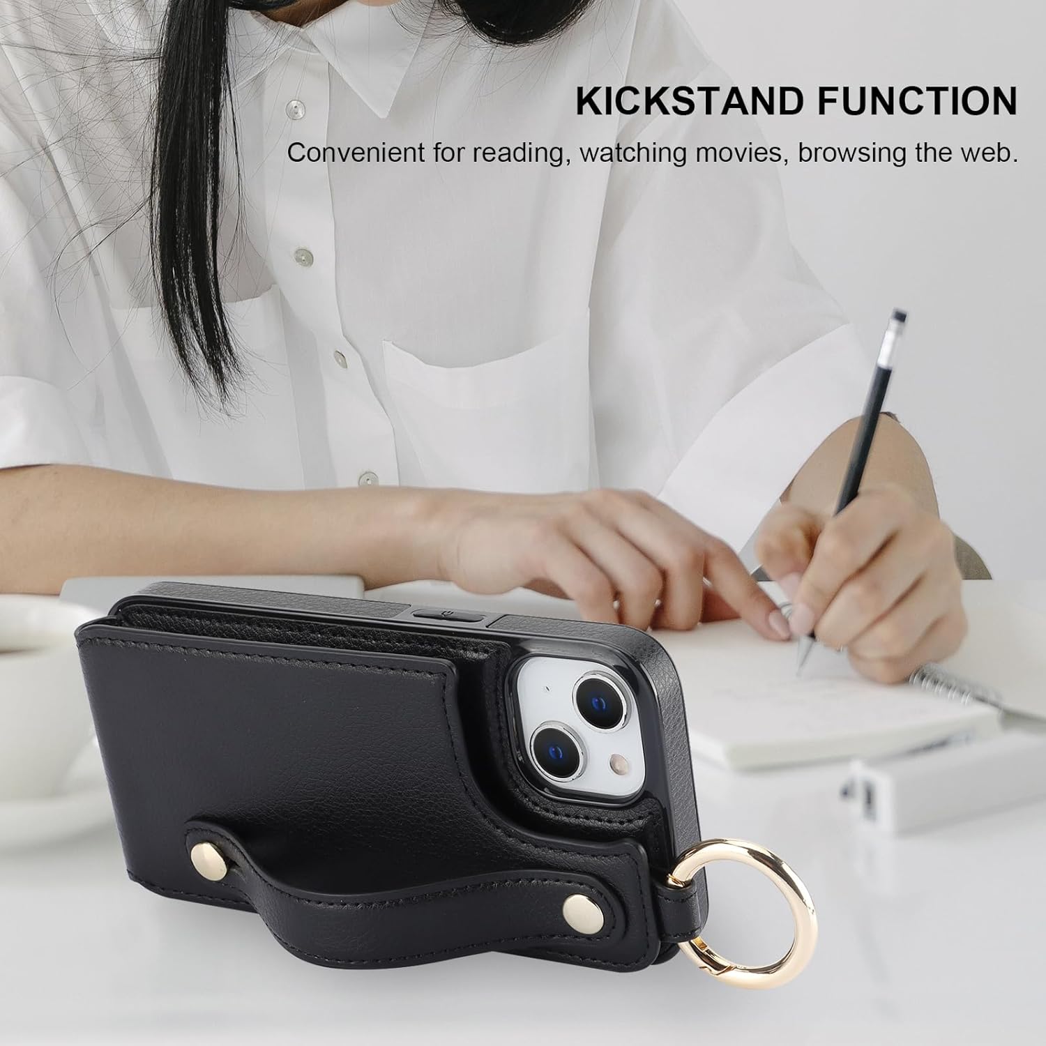 Folosu for iPhone 13/14 Wallet Case with Card Holder, Hand Wrist Strap Loop Holder Kickstand, RFID Blocking Finger Grip Ring PU Leather Double Buttons Shockproof Cover 6.1" Black