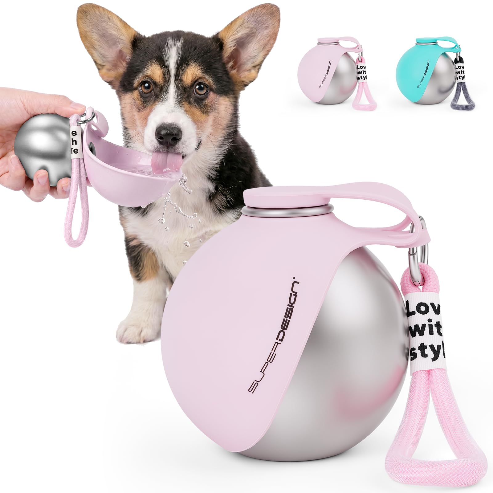 vsshe Stainless Steel Dog Water Bottle for Walking, Portable Dog Water Bottle 2-in-1 Pet Water Bottle with Foldable Silicone Bowl, Travel Dog Water Bottle for Walking Hiking Road Trips 285ml