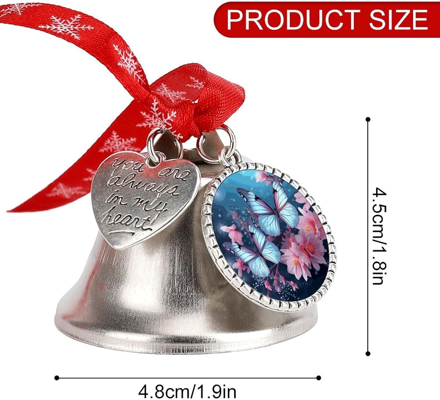 Butterfly Blossoms Christmas Bells Ornaments with Wings & Heart Silver Bell Pendant for Christmas Tree Home Door Mantle Fireplace Decoration