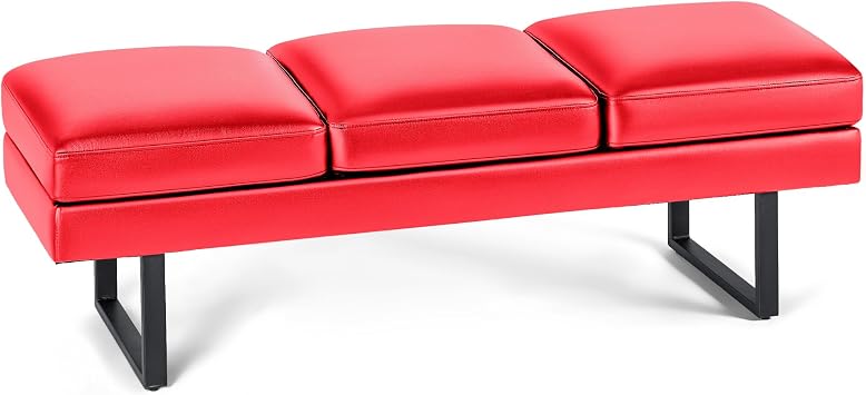 Furmax Waiting Room Chairs Faux Leather Office Guest Chair, 59.6 Inches Conference Room Chairs 3 Seats Upholstered Reception Bench, Lobby Furniture for Salon and Shop. Red