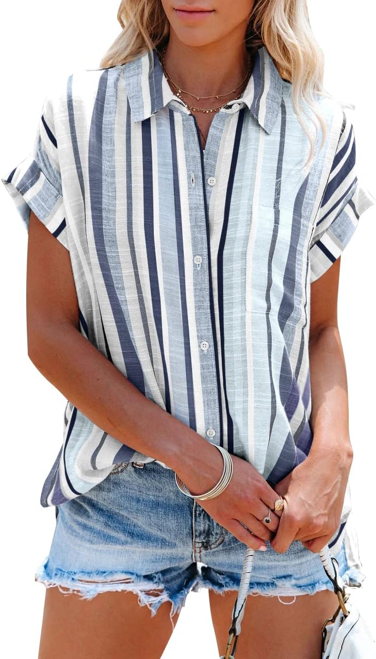 SySea Womens Short Sleeve Striped Shirts Casual Button Down V Neck Work Blouses Tops