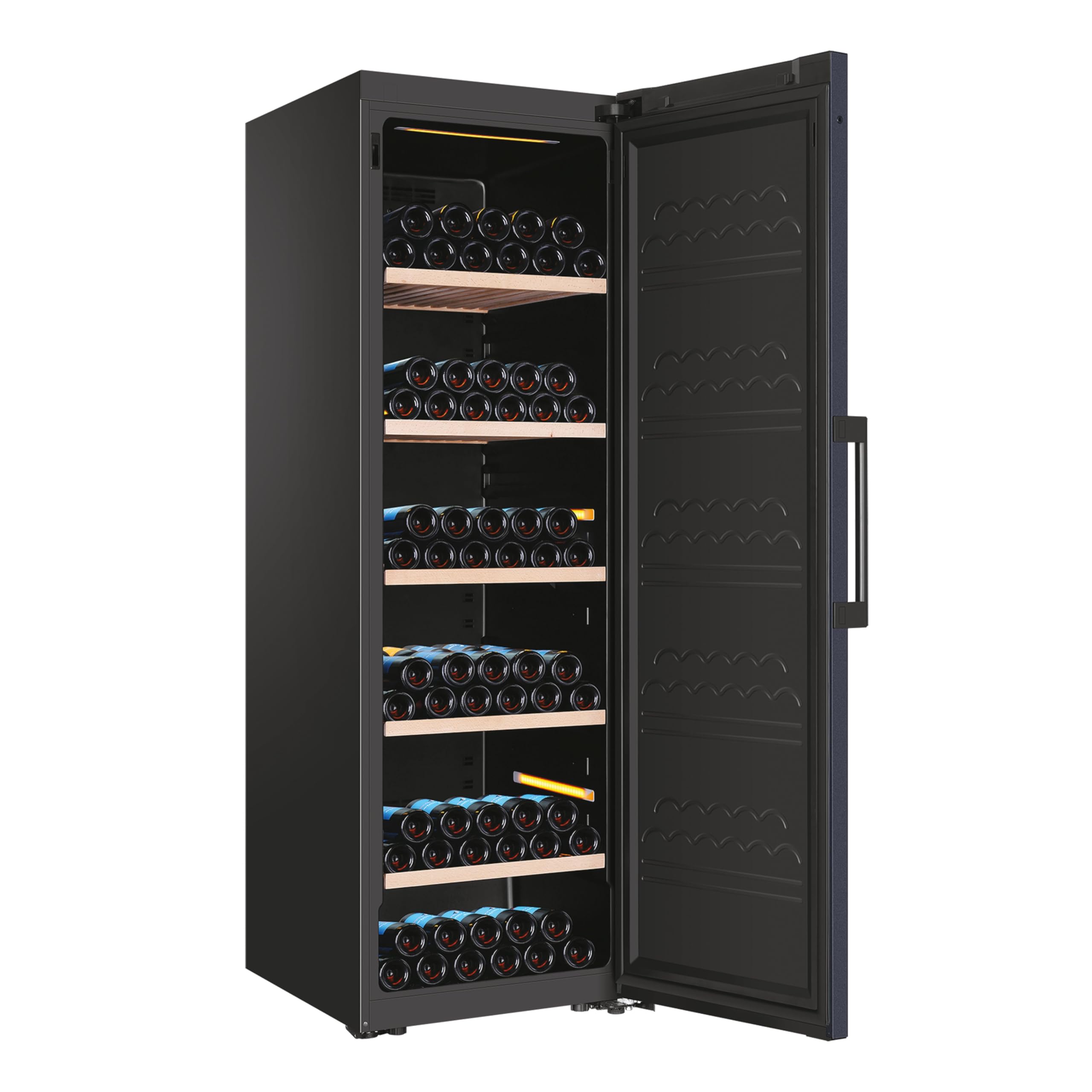 Haier Wine Cave 60 Series 7 HWS247FAH1 Vinoteca de 247 botellas con Tirador, WIFI, Estantes de madera, Filtro de carbón, Refrigeración por Compresor, Display Digital, Iluminación LED 3D, 35dbA, Negra