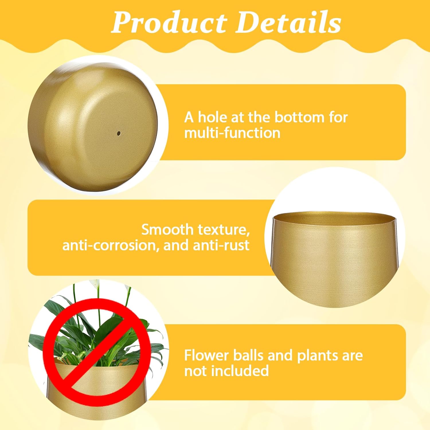 2 Pcs Plant Pot Gold Vase Metal Flower Pot Vase with Drainage Hole, Modern Storage Organizer Decorative Gifts for Wedding Indoor Outdoor Living Room Balcony Decoration Floor Display