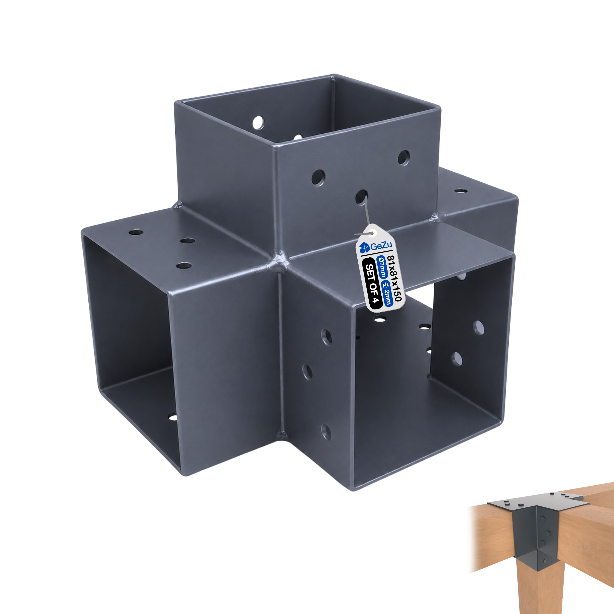 GeZu Impex Connettore per Pali X 81x81mm Verniciato a Polvere Antracite Set di 4 Pergola Connettore Angolare a 4 Vie Staffa per Fai-da-Te in Legno Connettore per Legno
