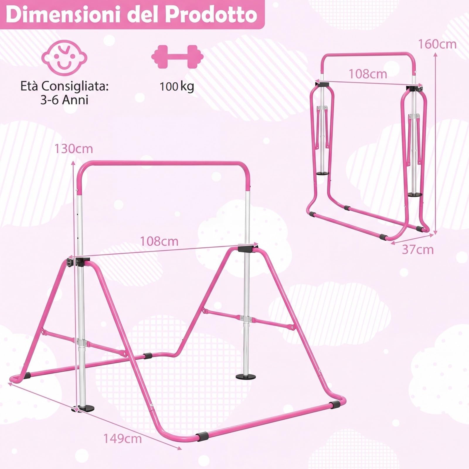 COSTWAY Sbarra Ginnastica Artistica per Casa Pieghevole, Barra Orizzontale Regolabile in Altezza con Base Antiscivolo, Barra Ginnastica per Bambini da 3 a 12 Anni