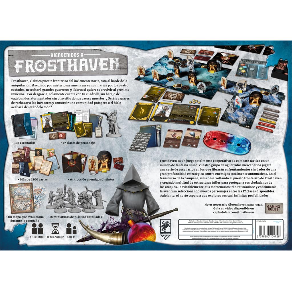 Cephalofair Games Frosthaven, kooperacyjna gra planszowa, kampania osadzona w lodowym wszechświecie, od 14 lat, 1-4 graczy, 30 minut gry na gracza, wersja hiszpańska