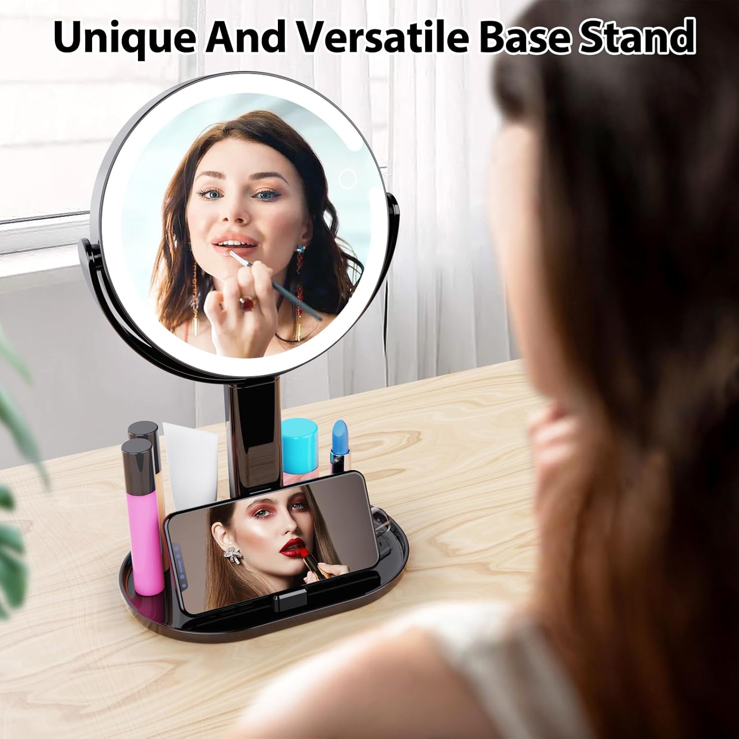8" Lighted Makeup Mirror with Magnification, 1X/10X Magnifying Double Sided Mirror, 360° Swivel Standing Vanity Mirror with 3 Color Lights, Black (1 pcs)