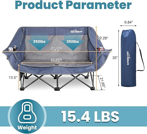 Miniatura 3 de Silla de campamento doble de capacidad de 700 libras para 2 adultos, sofá biplaza de bajo perfil para exteriores con portavasos XL y bolsillos de