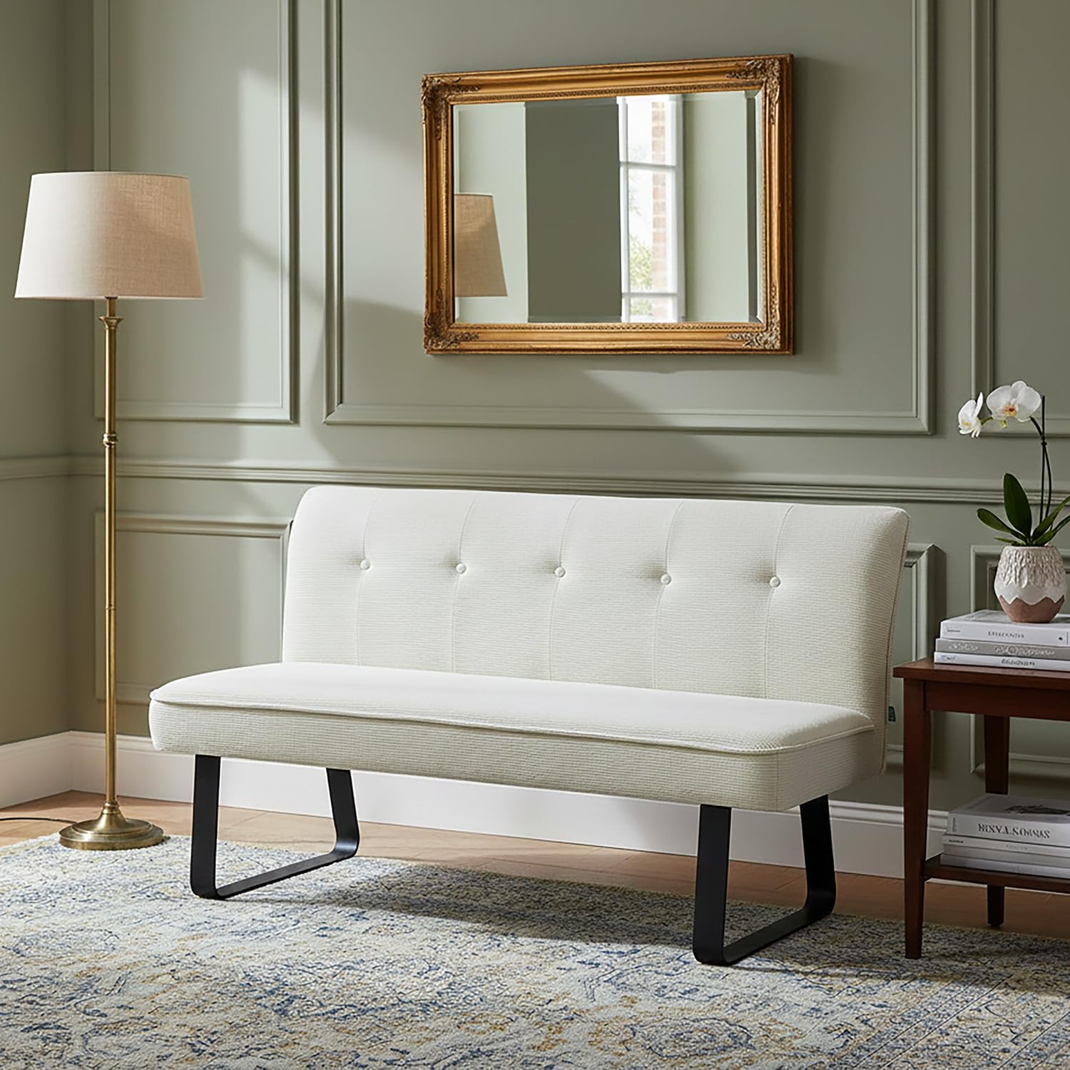 DUBI Möbel Sitzbank Emilia 160 cm mit Federkernpolsterung – Moderne Esszimmerbank Cord Creme – Gepolsterte Küchenbank mit 17 cm Polsterung & Metallbeinen Schwarz
