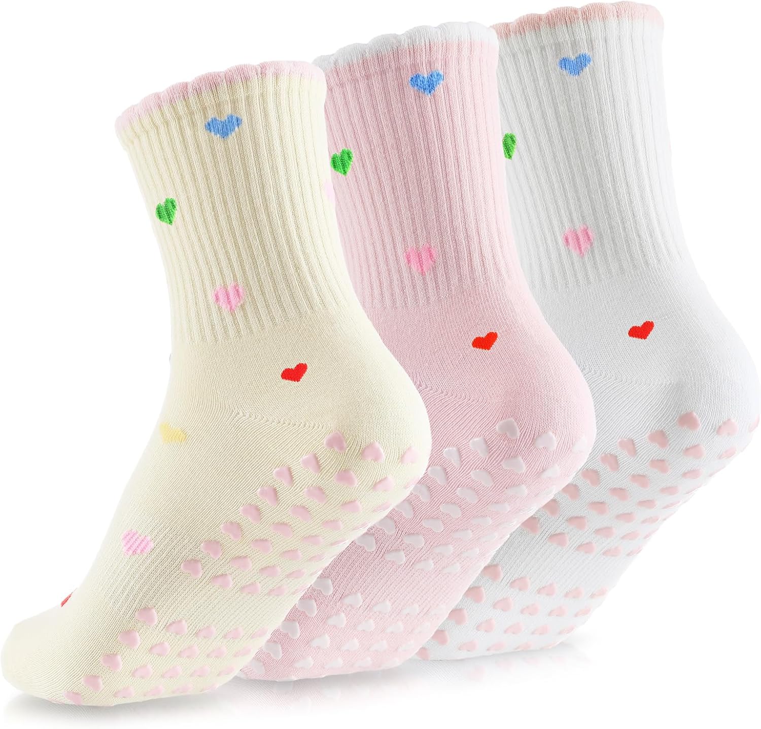 3 Pairs Cute Pilates Socks with Grips for Women, Non Slip Ruffle Heart Printed Yoga Socks for Barre Ballet Barefoot Workout Hospital