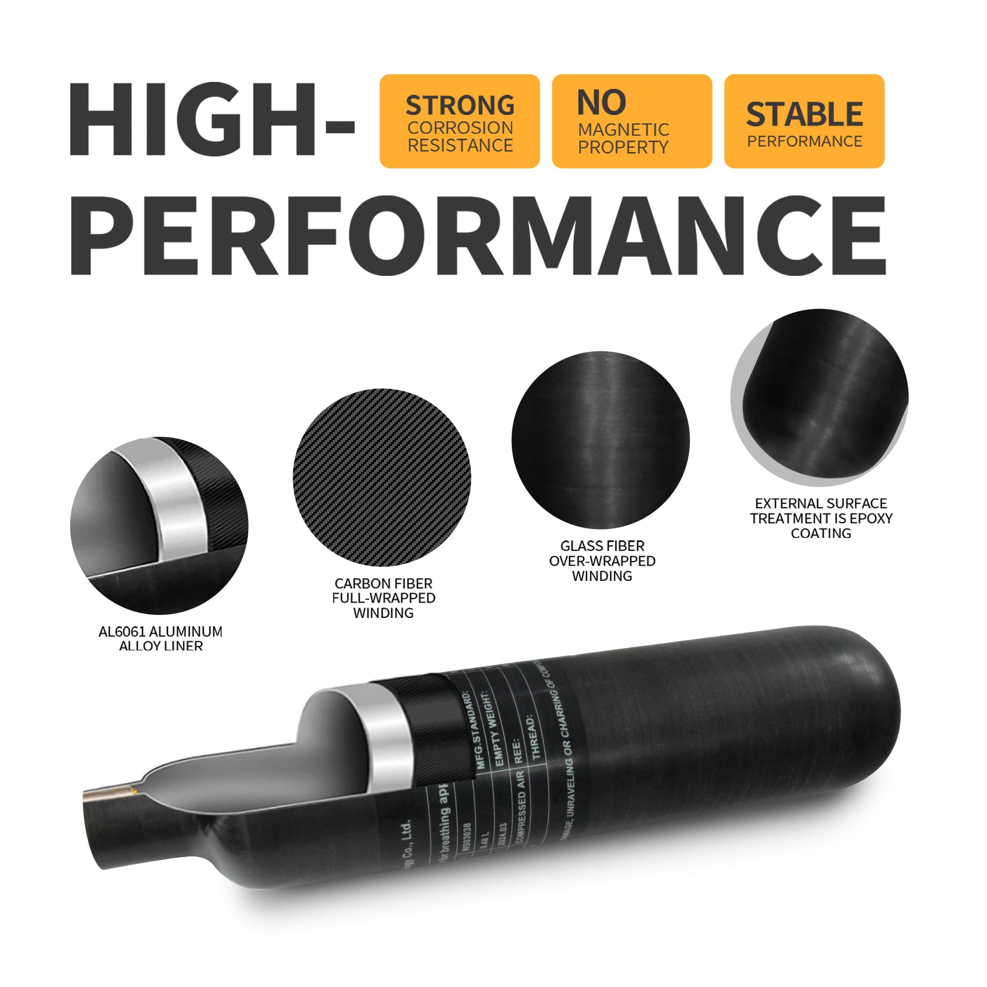 TUXING 30Mpa 4500Psi 0.48L 29Cu dans Le réservoir HPA en Fibre de Carbone 420cc, Bouteille de gaz, Chasse au Paintball pour Fusil à air comprimé PCP Daystate et Filetage FX M18 * 1.5