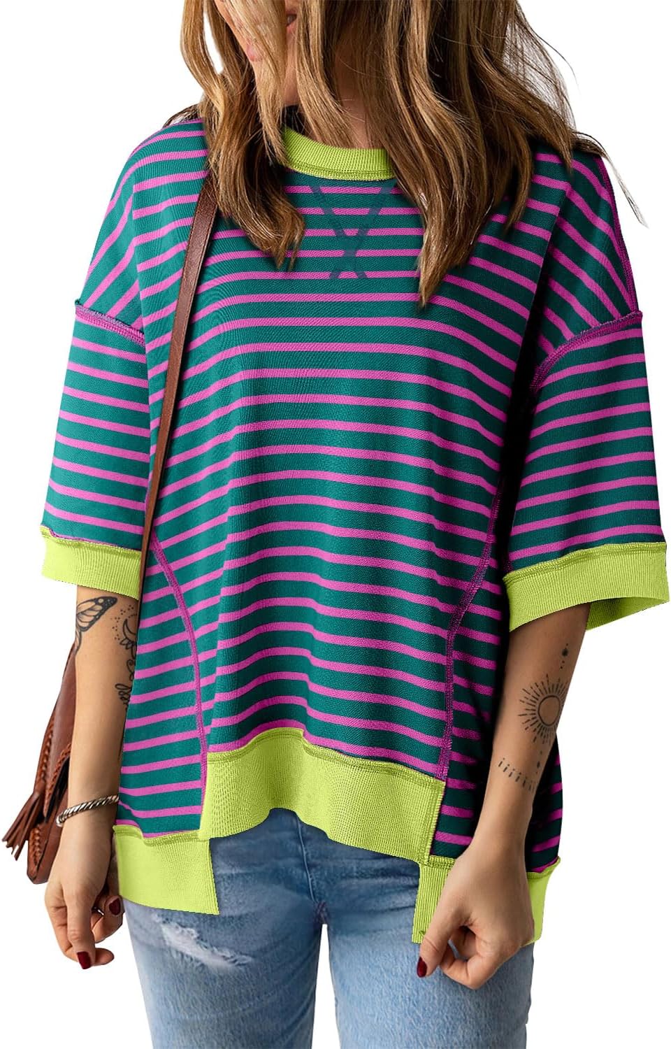 Womens Summer Tops Drak Purple Striped Casual Crewneck Short Sleeve Sweatshirt Striped Color Block Trendy Pullover Knitted T Shirts Blouse