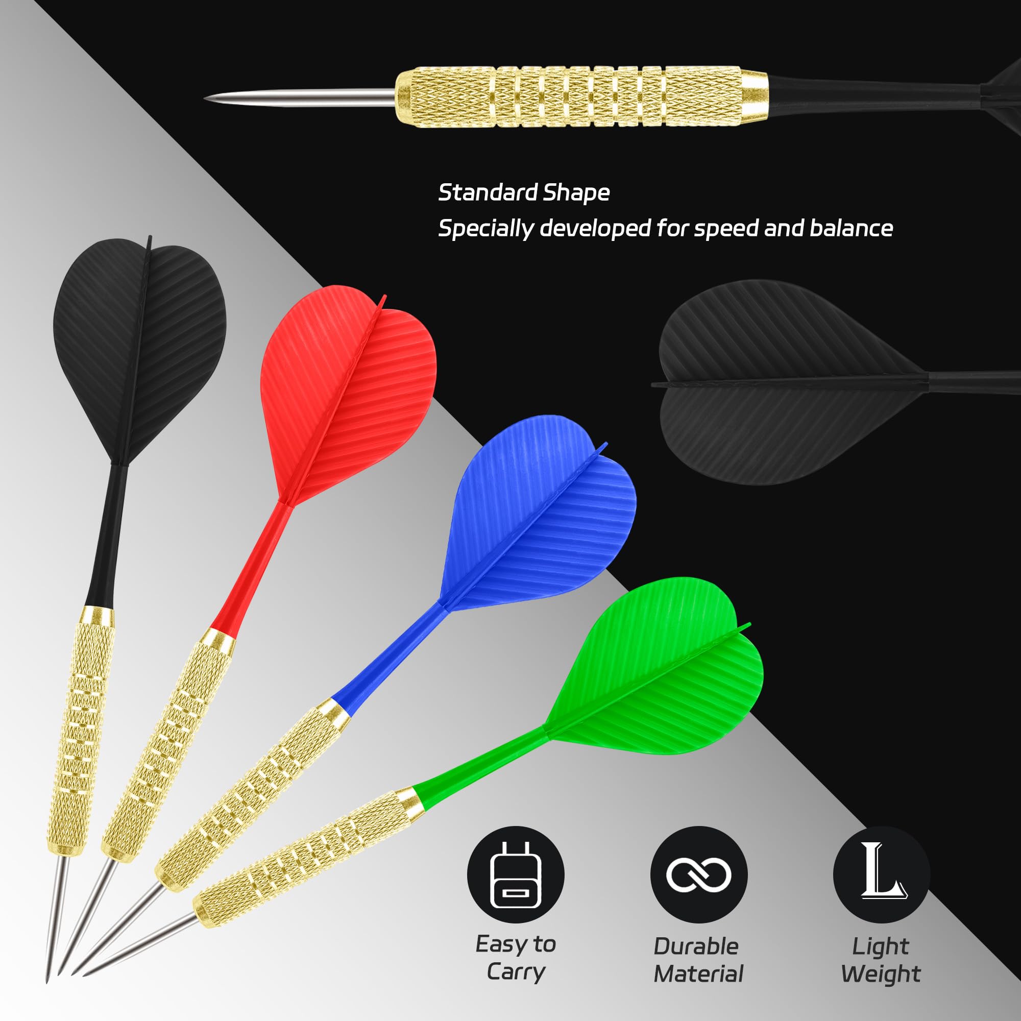 CyeeLife Fléchettes Pointe Acier 12 pcs,Fléchettes Pointe Métal,Jeu de Fléchettes avec 4 Couleurs d'Ailettes,Set Complet pour Débutants