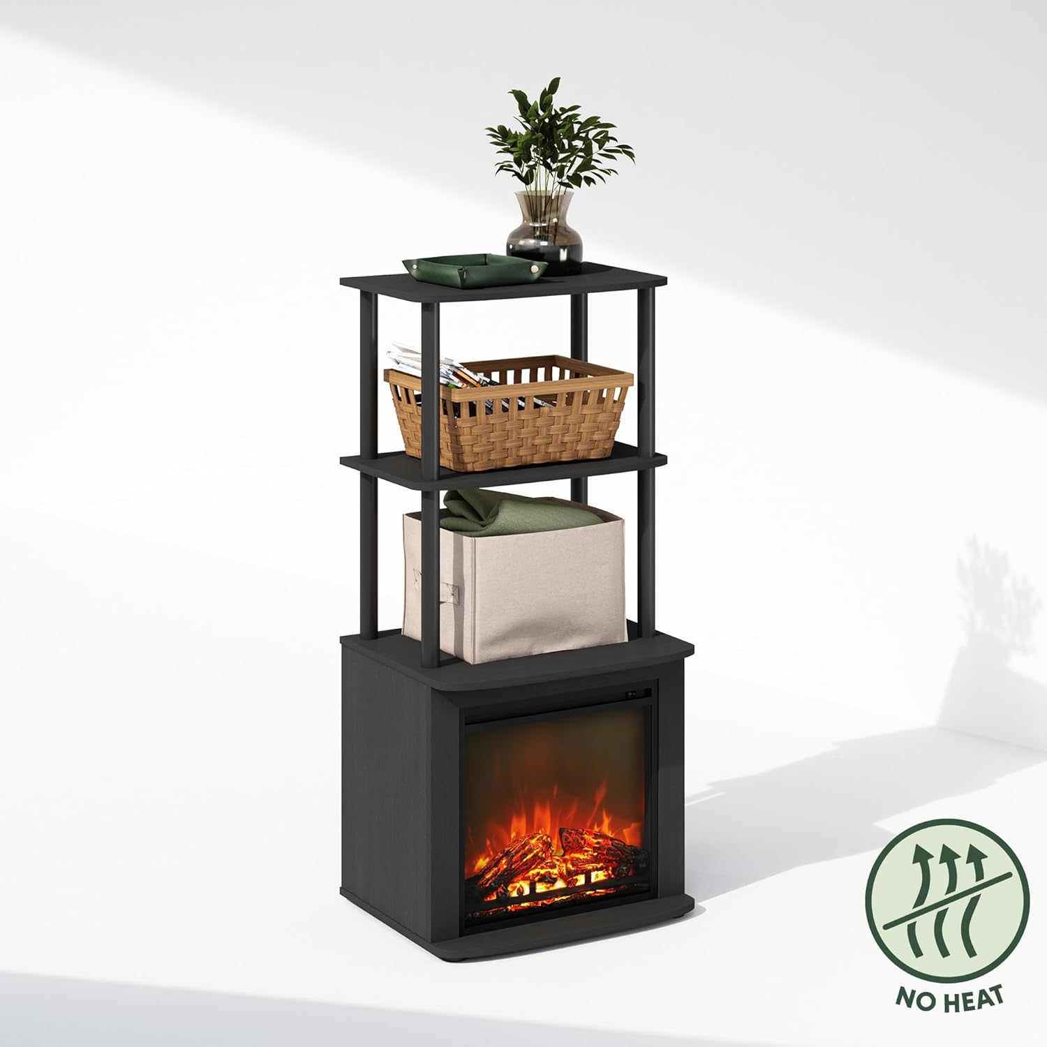 Furinno Turn-N-Tube Side Table, 3-Tier NO Heat Fireplace End Table with Open Shelf, Electric Fireplace Display Night Stand, Bedside Table, for Living Room, Bedroom, Americano/Black