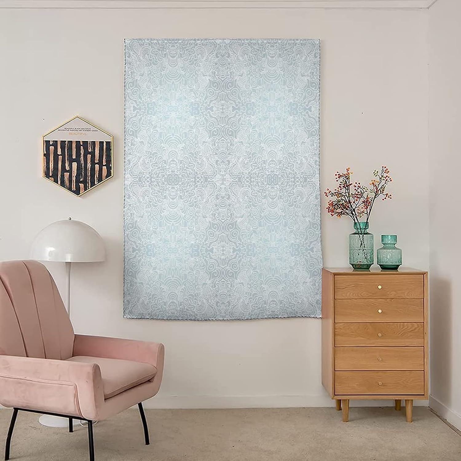 XISUNYA Self Adhesive Portable Blackout Curtains, Floral Room Darkening Curtains, Swirled Flower Lines Abstract Victorian Retro Rococo Print Temporary Blackout Blinds,26W x68L Inch