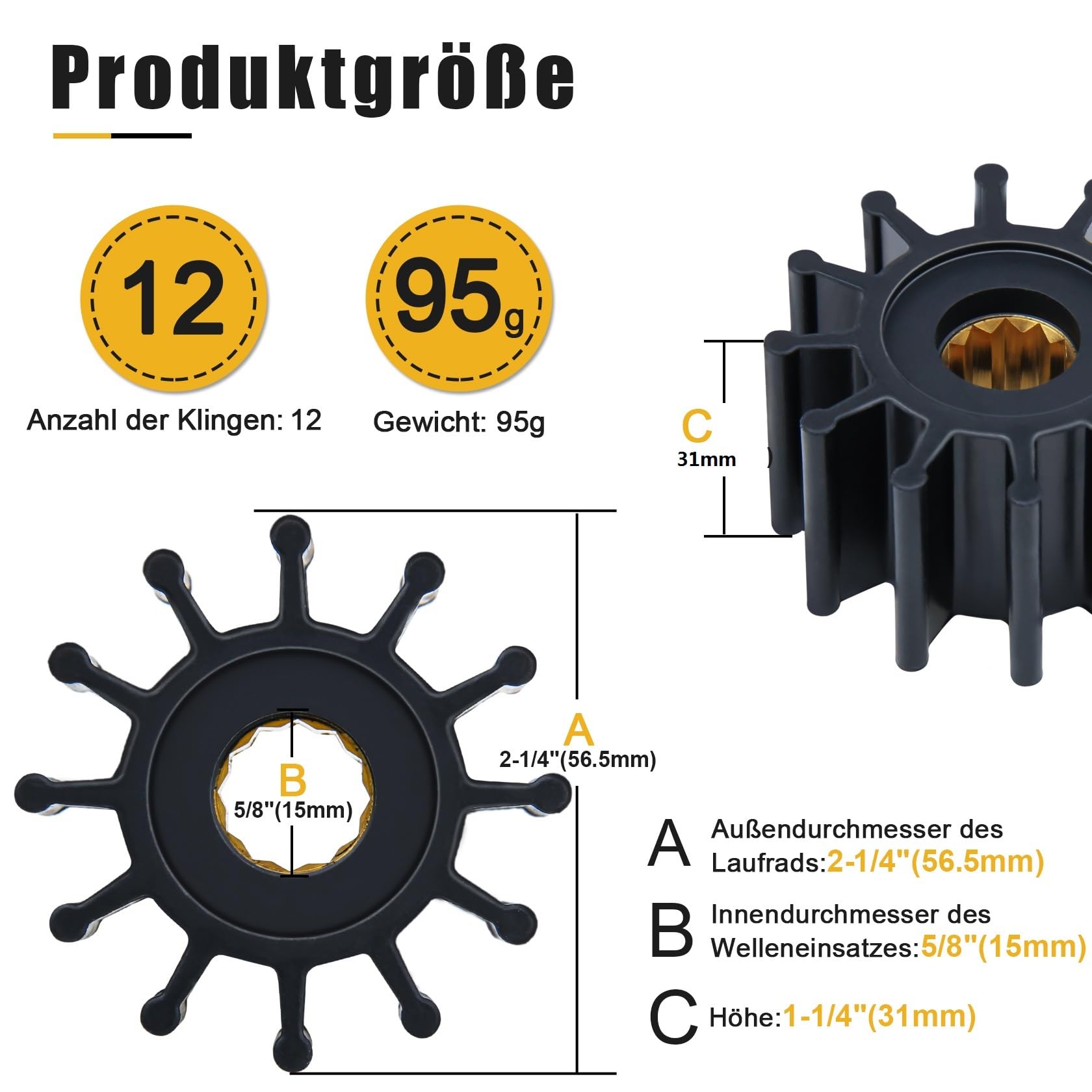 CarBole Wasserpumpenrad 12 Flügel Bootsrad Ersatz für Jabsco Sierra GLM Mallory Onan Perkins Volvo-Penta Yanmar Johnson 09-1027B 09-1027B-1 OMC 3588256