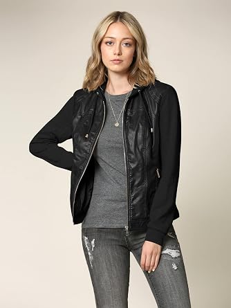 Made By Johnny Faux Leather Jacket Women Motorcycle Coat for Biker with Removable Hood