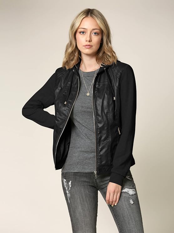 Made By Johnny Faux Leather Jacket Women Motorcycle Coat for Biker with Removable Hood