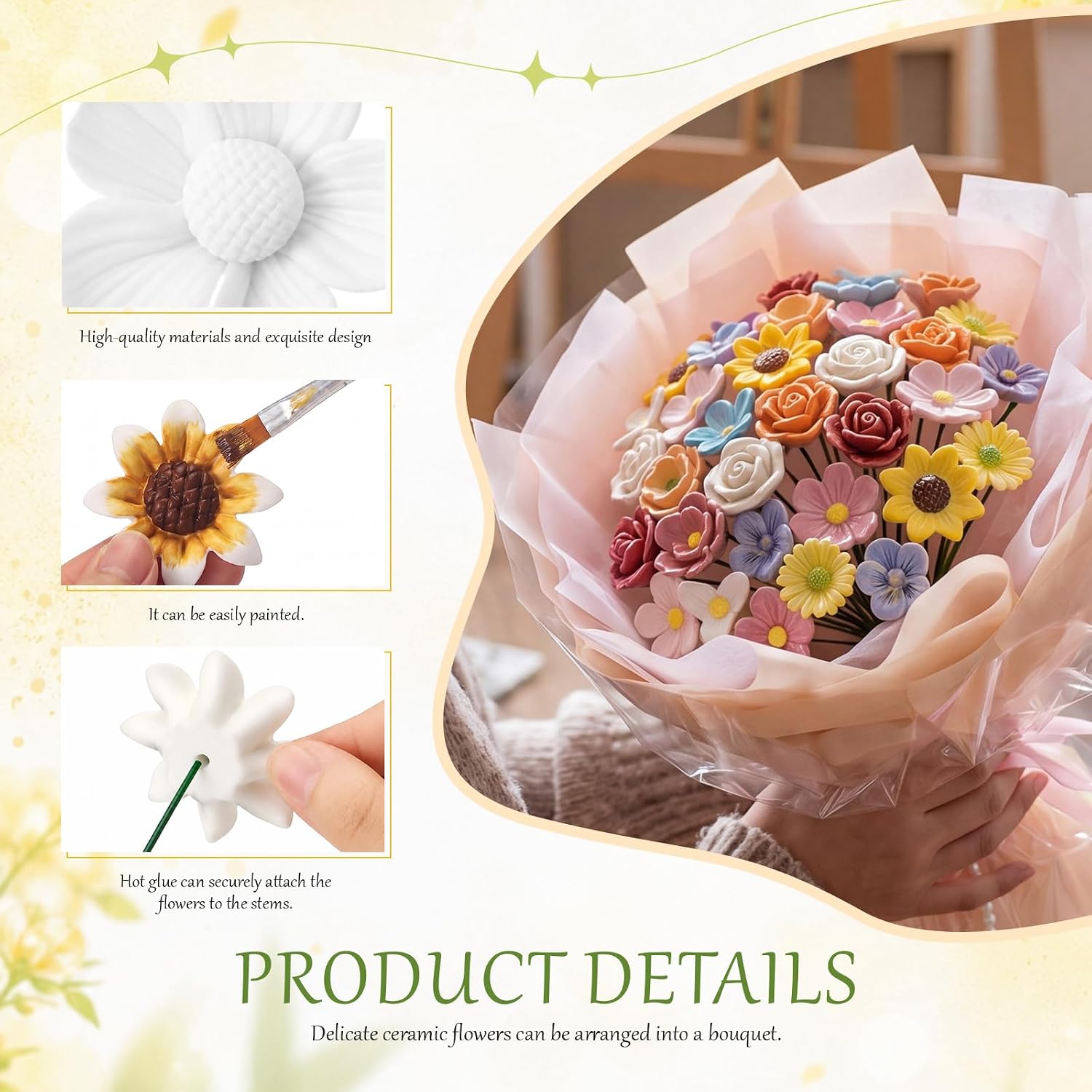 Zubebe 48 Set 3D Flowers Ceramics Painting DIY Kit Bulk Paint Your Own Flower Figurines Unpainted Porcelain Crafts with Brushes Paints Palette Iron Stems for Adult Party Favor Birthday Gift Home Decor