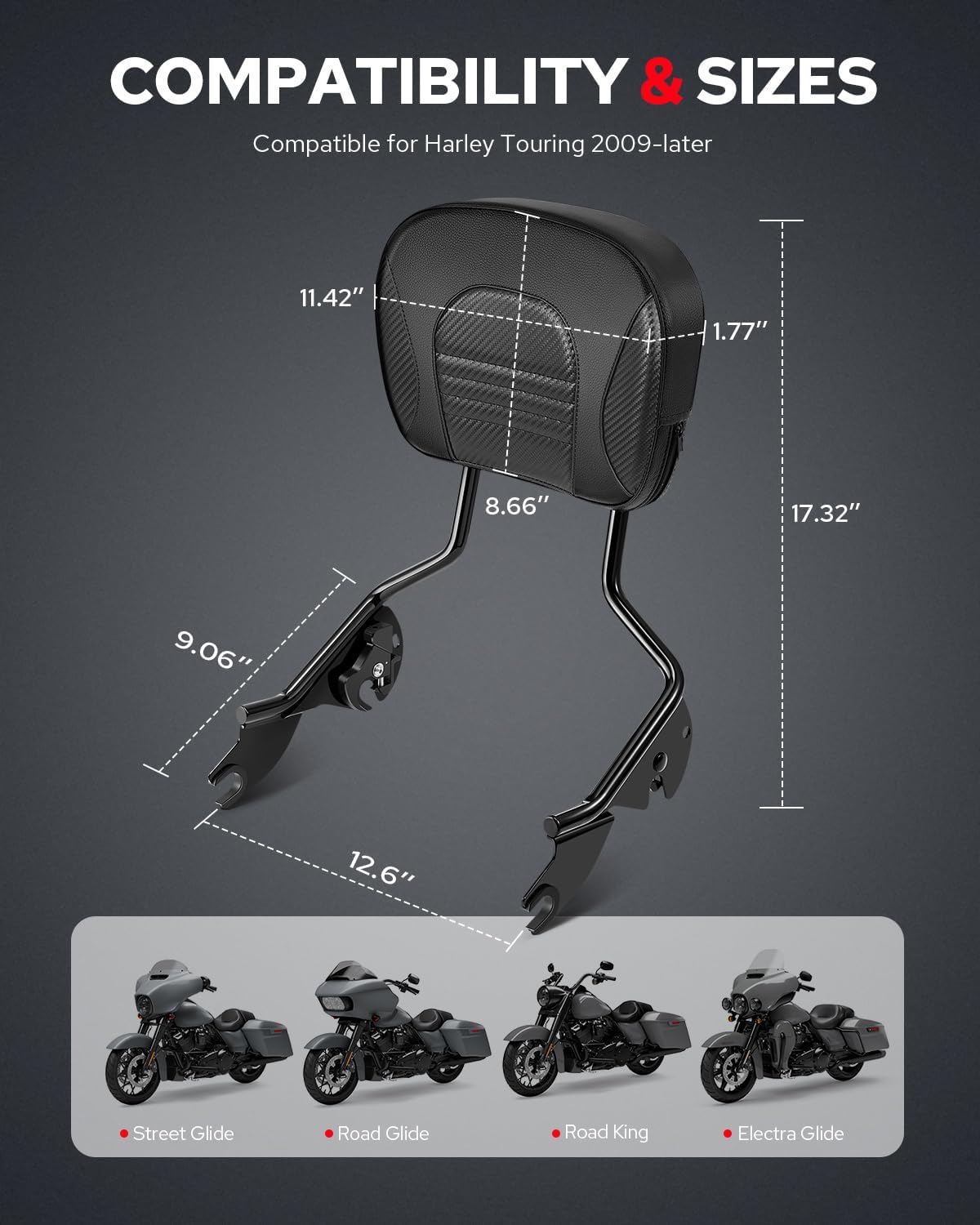 Benlari Passenger Backrest Sissy Bar, Quick Release Rear Detachable Sissy Bar Backrest Compatible with Harley Davidson Street Glide Road King Electra Glide Road Glide 2009-2024, Black