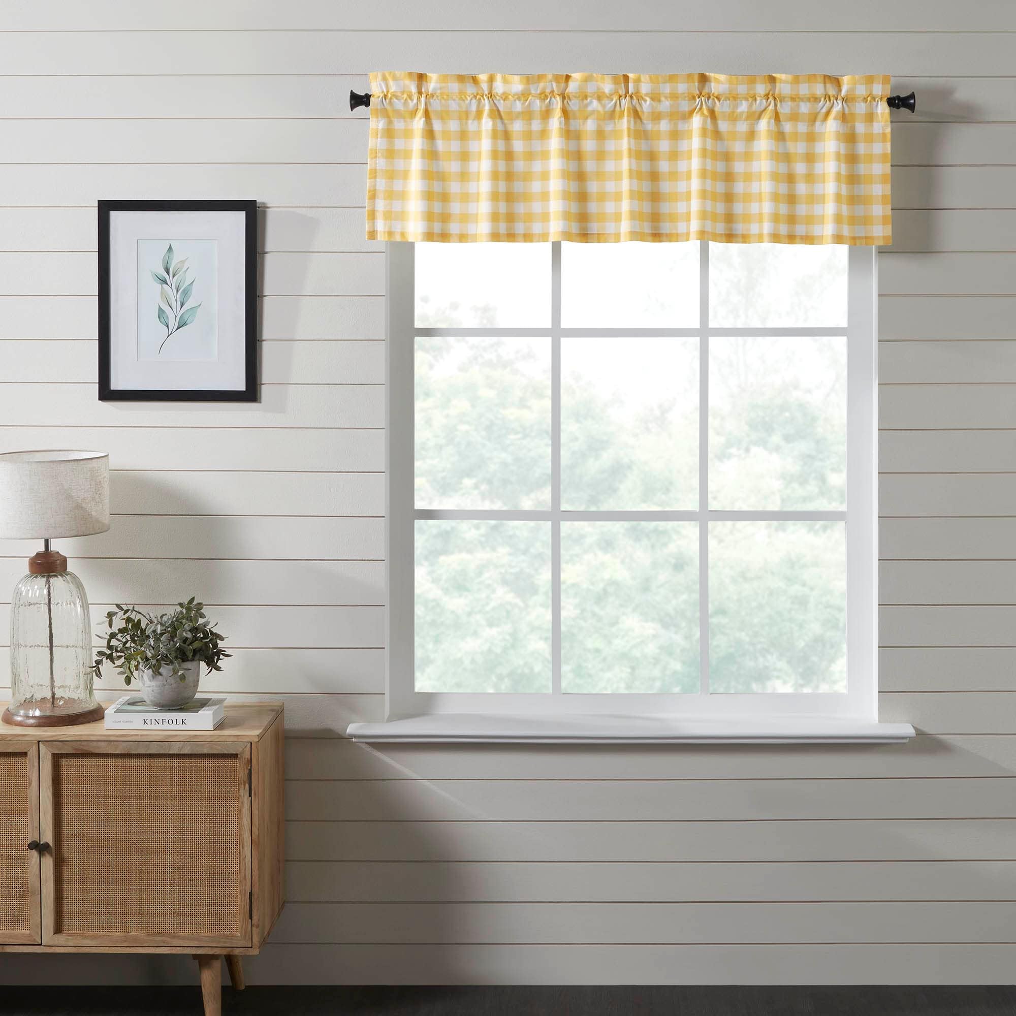 VHC Brands Annie Buffalo Check Farmhouse 16"x60" Valance Yellow Rod Pocket Cotton Kitchen Window Curtains
