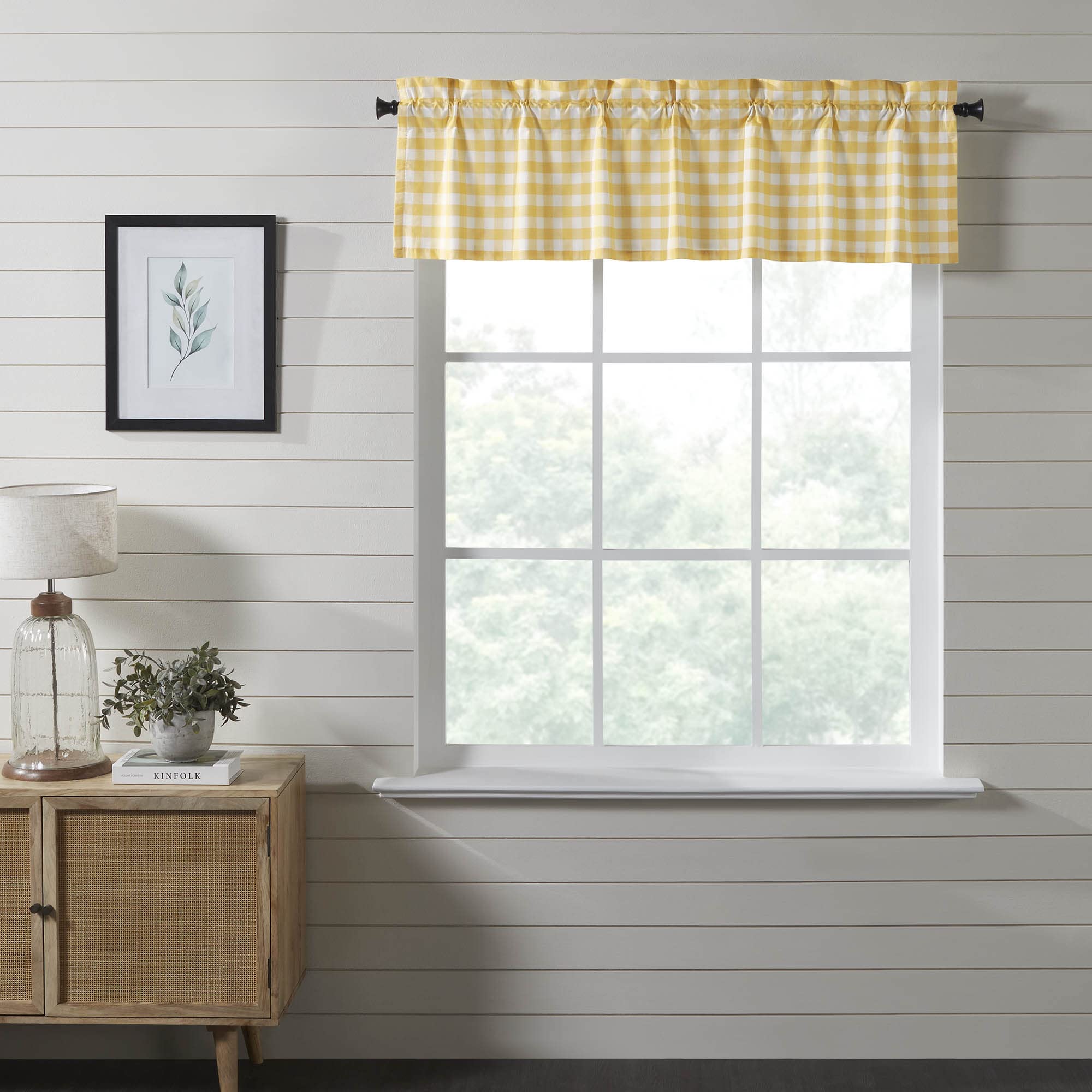 VHC Brands Annie Buffalo Check Farmhouse 16"x60" Valance Yellow Rod Pocket Cotton Kitchen Window Curtains