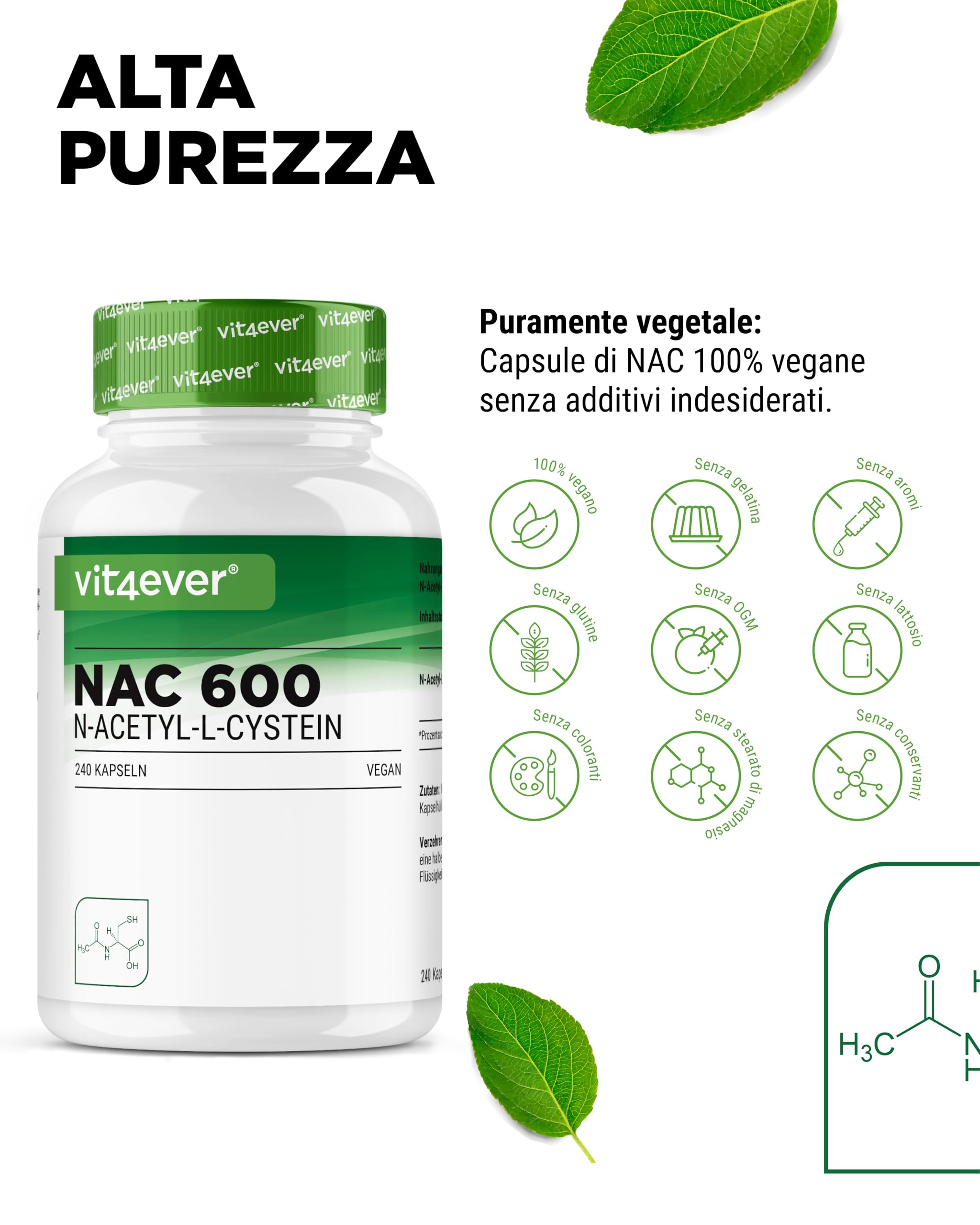 NAC - N-Acetil L-Cisteina 240capsule da 600 mg ciascuna - Fornitura per 8 mesi - Senza additivi - Vegano - Altamente dosato
