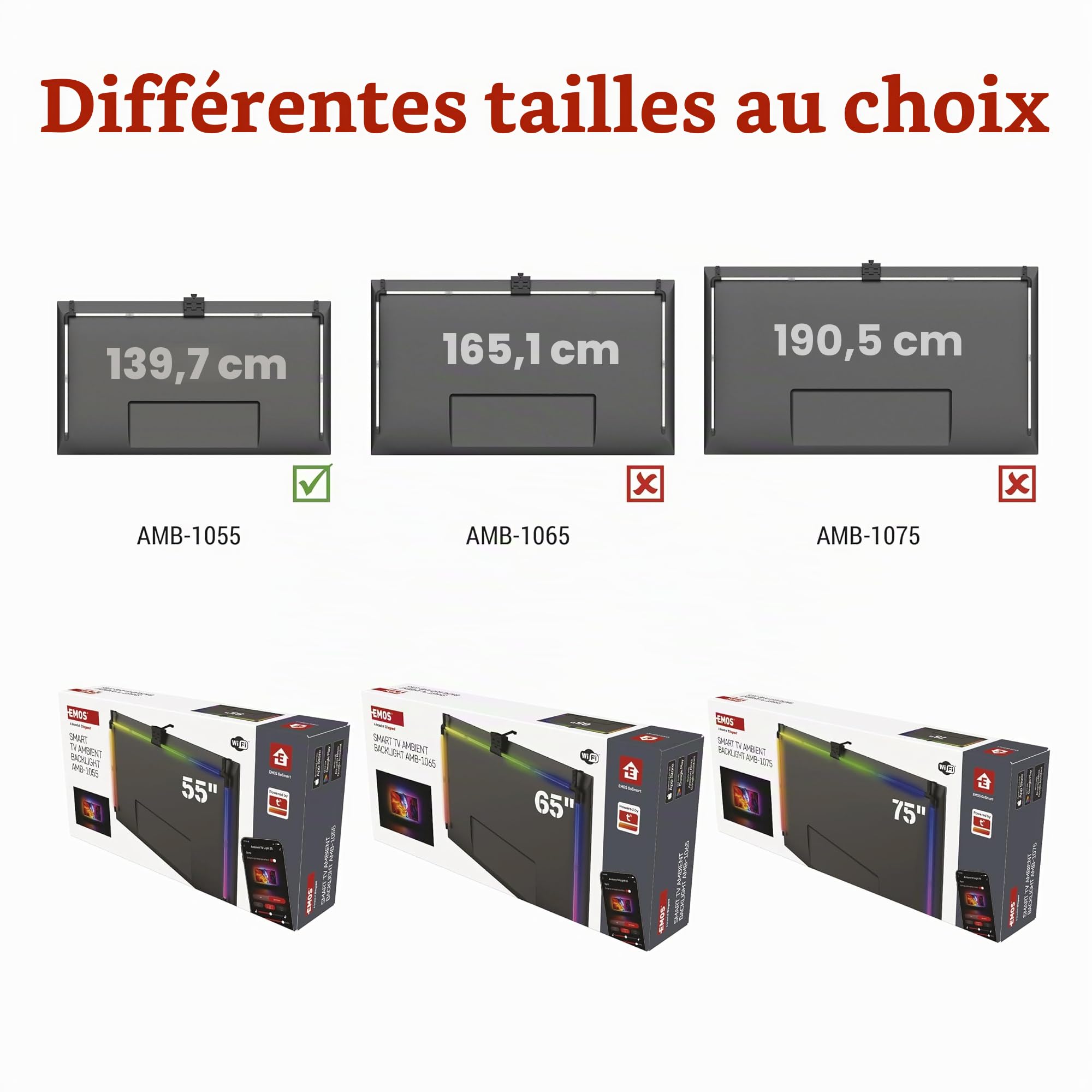 EMOS Rétroéclairage Intelligent pour TV de 55" (139 cm) - Tubes Lumineux LED RGBIC Amovibles pour téléviseur, avec Appareil Photo - Luminosité 450 LM - Connectivité WiFi, contrôle par Application,