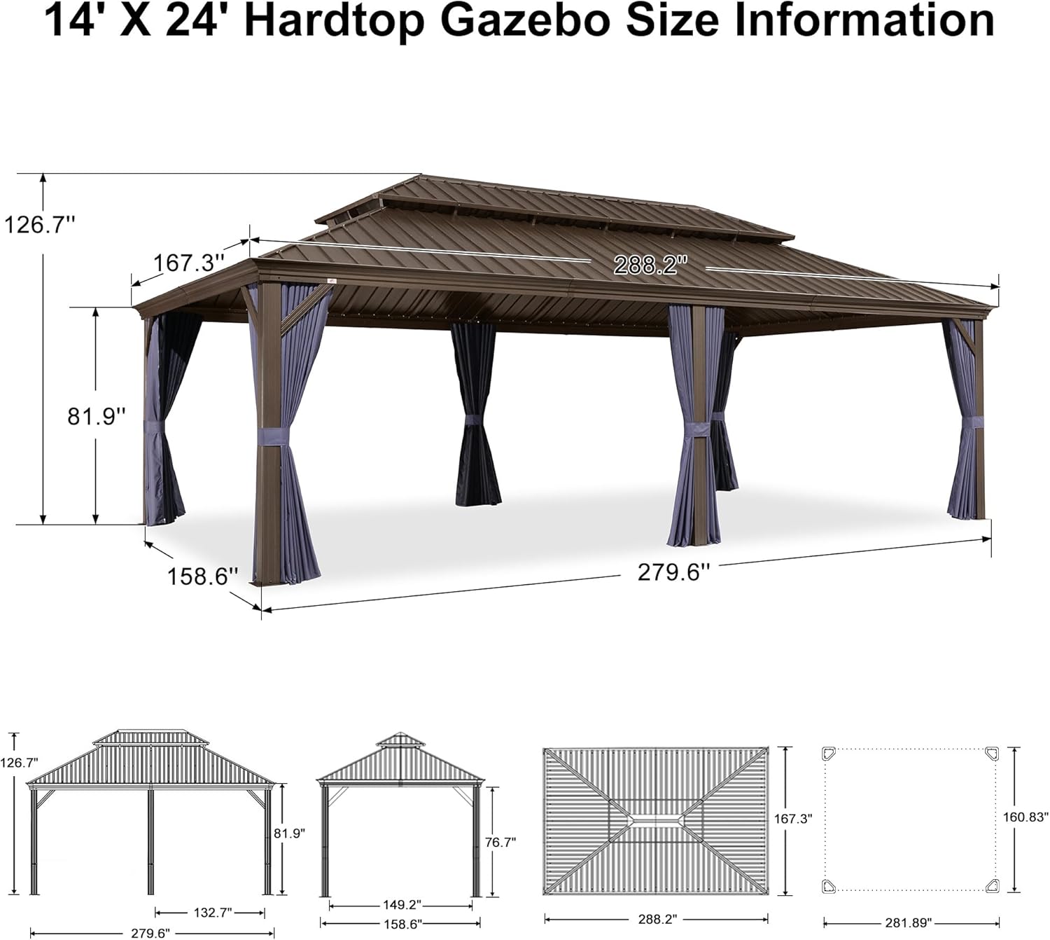 Detailed diagram showing the front, side, mounting blueprint, and vertical views of the 12' x 24' hardtop gazebo with all dimensions labeled.